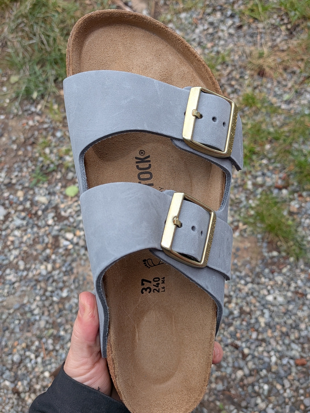 Birkenstock Arizona Soft Footbed Sandal in Light Blue-Gray with Gold Buckles